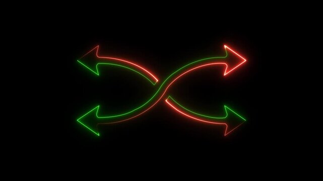 Abstract 3d rendering glowing Green Red neon symbol of random arrows with glowing outlines with rays on black background, Neon shuffle icon Green Red color glowing animation. 