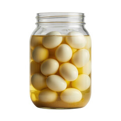 Glass jar filled with pickled eggs in brine isolated on a transparent background food