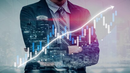 A confident businessman stands against a backdrop of financial data and a dynamic city skyline, representing ambition and growth in the modern market landscape. Copula - Powered by Adobe