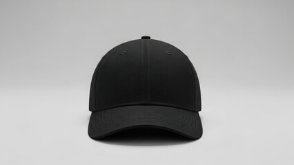 A plain black baseball cap displayed centrally on a neutral gray background, showcasing its simple design.