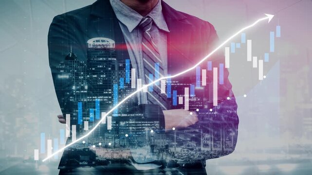 A confident businessman stands against a backdrop of financial data and a dynamic city skyline, representing ambition and growth in the modern market landscape. Copula - Powered by Adobe