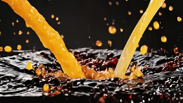 Orange and Lemon Juice in a Jet Stream, Set Against a Black Background, A Pure Sweet Liquid Splash and Dynamic Abstract.