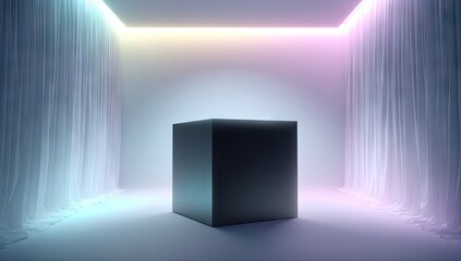 Illuminated modern pedestal with draping fabric creates dramatic display.