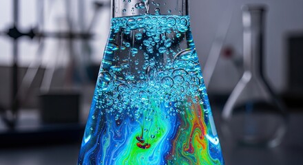 Close up of a lava lamp with blue and green blobs rising.
