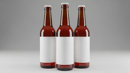 Three amber glass beer bottles with blank white labels stand in a row
