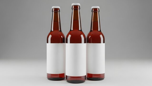Three amber glass beer bottles with blank white labels stand in a row