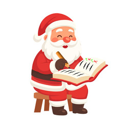 Santa Claus checks his list with a smile, marking off the good and bad, bringing holiday joy and festive spirit to seasonal celebrations
