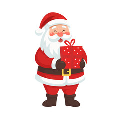 Jolly Santa Claus holding a bright red Christmas gift box with a bow, spreading holiday cheer and festive spirit for seasonal celebrations