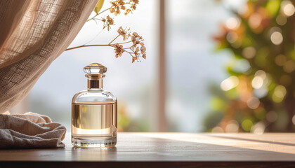 A perfume bottle sits on a wooden table, with flowers and a curtain.