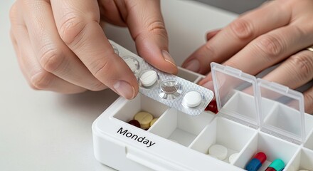 Close-up of hands organizing daily medication in a pill box.