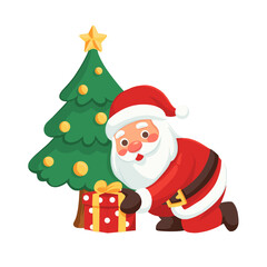 Fototapeta premium Festive Santa Claus placing a beautifully wrapped gift under the Christmas tree, spreading holiday cheer and creating magical moments this winter season