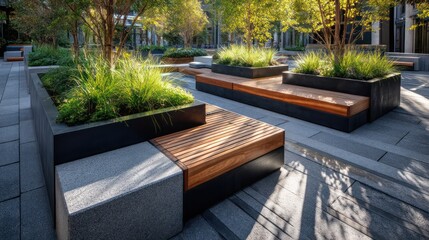 Modern granite slab patio with geometric black planters side-lit cedar bench seating with matte metal frames sharp hard