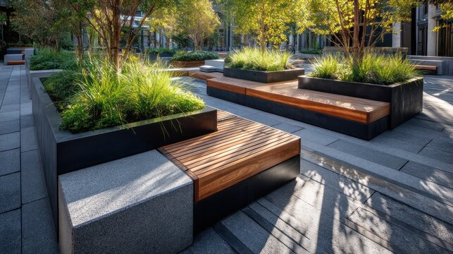 Modern granite slab patio with geometric black planters side-lit cedar bench seating with matte metal frames sharp hard