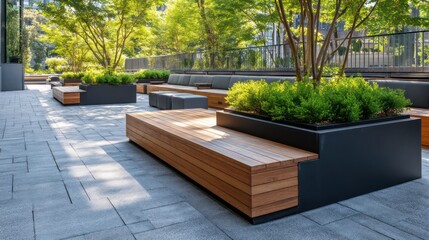 Modern granite slab patio with geometric black planters side-lit cedar bench seating with matte metal frames sharp hard