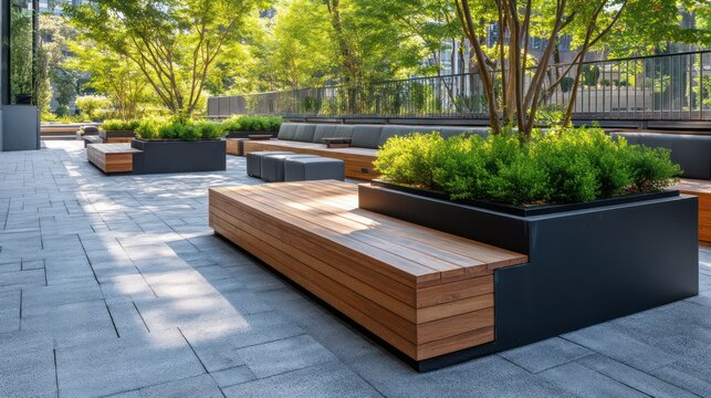 Modern granite slab patio with geometric black planters side-lit cedar bench seating with matte metal frames sharp hard - Powered by Adobe