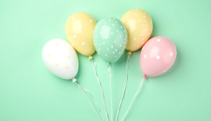 Pastel Balloons with Stars and Dots on Green Background