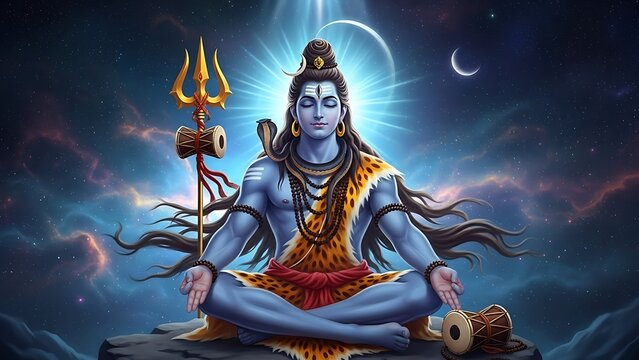 Blue Hindu God Meditating in Cosmic Night Sky Surrounded by Celestial Bodies and Spiritual Symbols