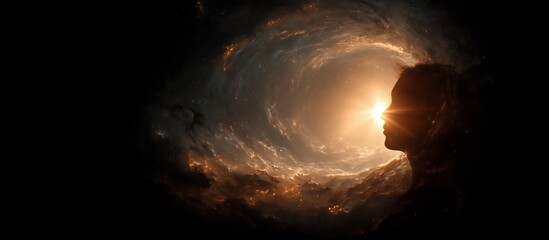 A silhouette of a person faces a cosmic swirl, with a bright sunburst illuminating from the horizon.