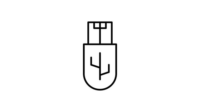 Black and white line drawing of a USB drive, depicting its shape and connection port clearly.