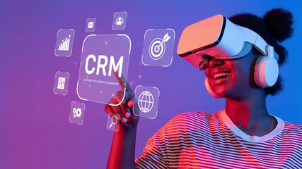 A young woman enjoys an immersive virtual reality experience, using a VR headset while interacting with a digital CRM interface in a vibrant workspace. Raster - Powered by Adobe