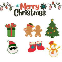 Festive vector flat illustration featuring various Christmas themed icons and symbols. 