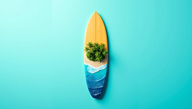 Tropical Island and Ocean Beach on Surfboard Concept
