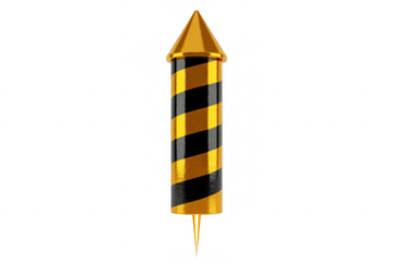 Golden and black striped rocket firework with pointed tip isolated on a transparent background