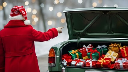 Santa Claus pointing at car trunk filled with Christmas gifts.