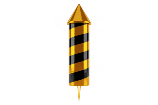 Golden and black striped rocket firework with pointed tip isolated on a transparent background