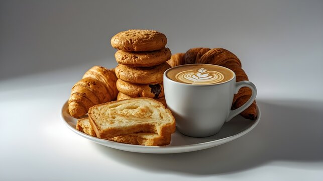 Healthy Breakfast Isolate Coffee Bread Cookies Biscuits Oatmeal Bowl on White