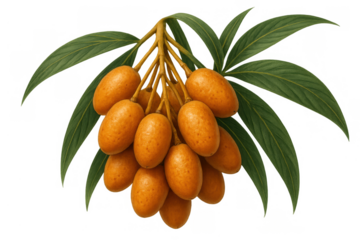 Ripe hog plums, also known as golden apples or ambarella, bunching on a stem with green leaves, tropical fruit