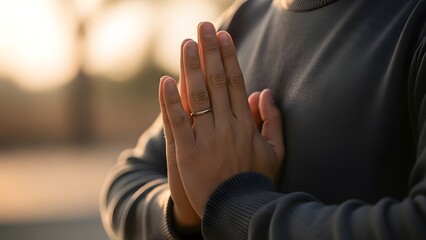 Close-up of hands clasped together in prayer, with a ring, against a blurred background.