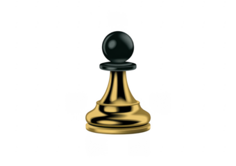Golden chess pawn piece with black spherical top and black base isolated on a transparent background