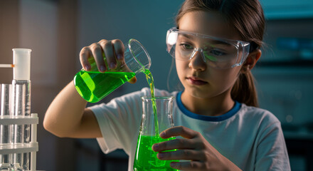 Young scientist conducting chemistry experiment in lab environment