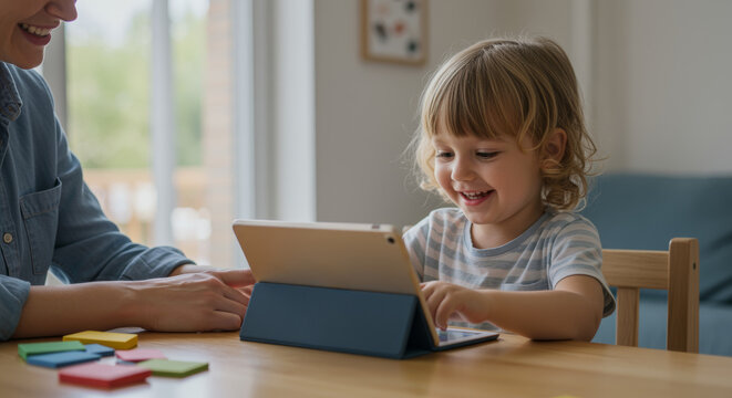 Child engaged in learning with tablet home lifestyle bright environment