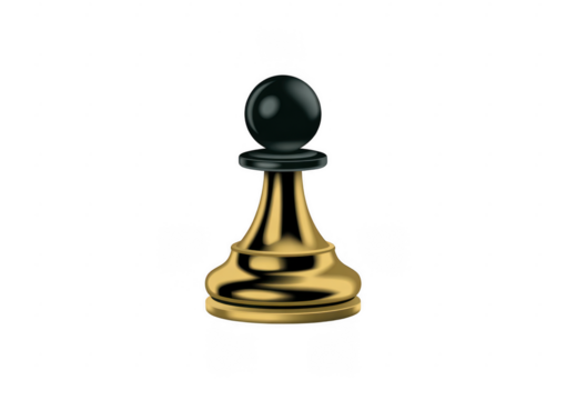 Golden chess pawn piece with black spherical top and black base isolated on a transparent background