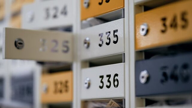 Close-up of numbered metal mailboxes with shallow depth of field, highlighting an open drawer among organized rows of postal compartments, digits 335 and 336 in sharp focus