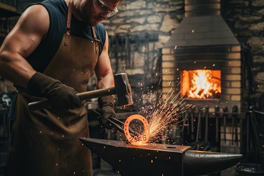 A blacksmith forges a horseshoe with the inscription '2026' as sparks fly from the metal. A close-up of his hands and the horseshoe