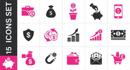 Various financial icons representing money, investment, and growth. finance and money icons 
representing business growth and savings