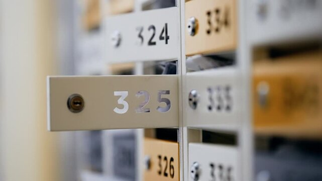 Close-up of an open numbered mailbox door revealing slot 325 among a grid of metallic compartments, with nearby boxes and soft bokeh highlighting order and postal storage.
