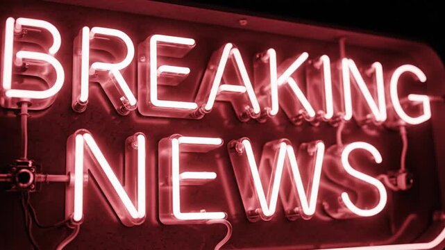 Urgent breaking news neon sign pulsing with vital updates and information unfolding fast, grabbing attention for media and current affairs coverage