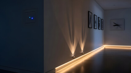 A smart home automation system elegantly controls modern LED strip lighting and floor uplights, creating a sophisticated ambient glow in a contemporary interior