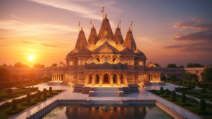 Grand Hindu Temple During Sunset with Illuminated Architecture and Water Reflection