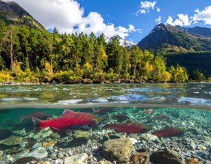 Submerged view of red fish in crystal clear river; mountain backdrop