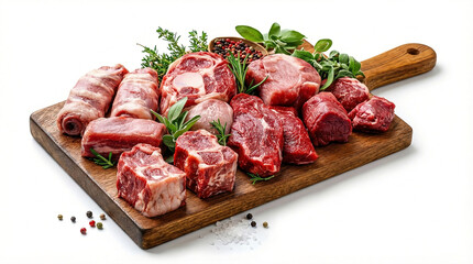 Assortment of raw red meat cuts including lamb chops and ribs artfully arranged on a rustic wooden cutting board with fresh herbs