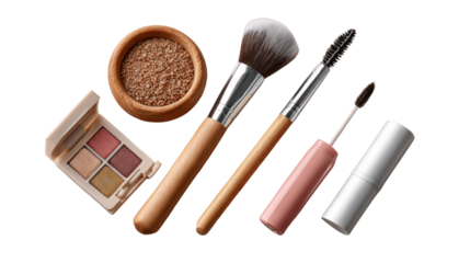 Glamour Essentials: An assortment of beauty tools and cosmetics including eye shadow, brushes, mascara, and a lip balm, essential for enhancing and perfecting beauty