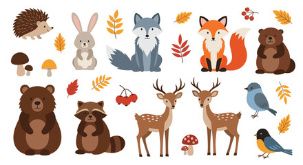 Obraz premium A charming collection of cute woodland animals for autumn including a fox deer bear and raccoon with colorful fall leaves.