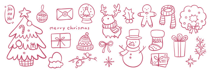 Cute Christmas Doodle Vector Illustration Set Hand Drawn Outline Minimal Holiday Clipart Simple Line Art Collection for Card Invitation Background and Pattern Design