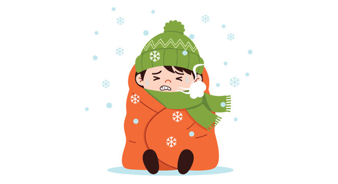 A young child wrapped in a warm blanket and wearing a hat shivers from the cold while sitting outside in the falling snow.