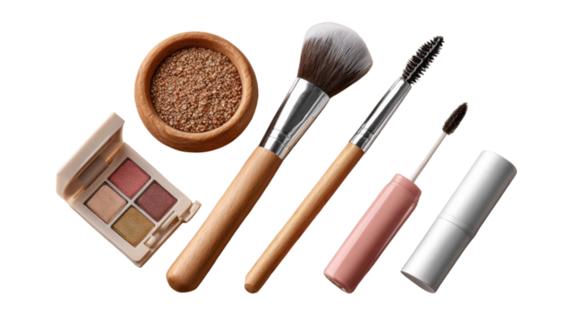 Glamour Essentials: An assortment of beauty tools and cosmetics including eye shadow, brushes, mascara, and a lip balm, essential for enhancing and perfecting beauty